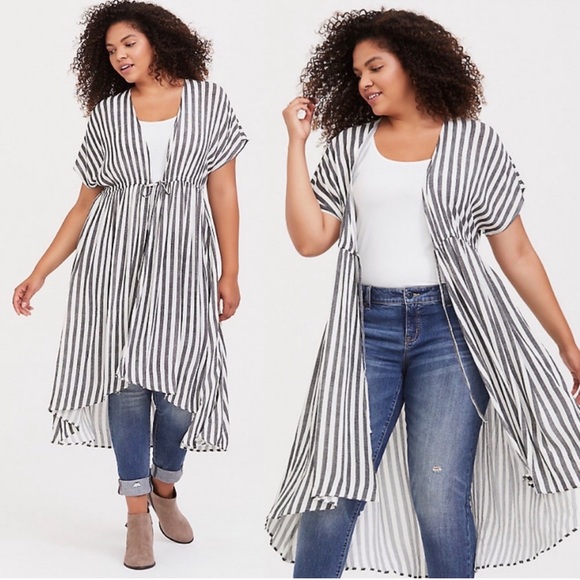 torrid Tops - Torrid Black & White Striped Cinched Waist Drawstring Kaftan Kimono Plus 3X 4X